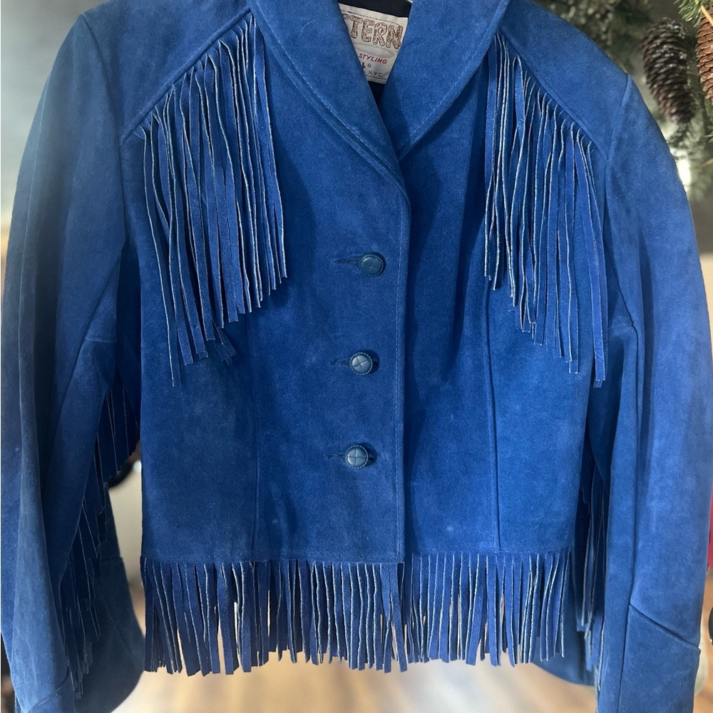 Vintage Cobalt Blue Western Fringe Leather Jacket